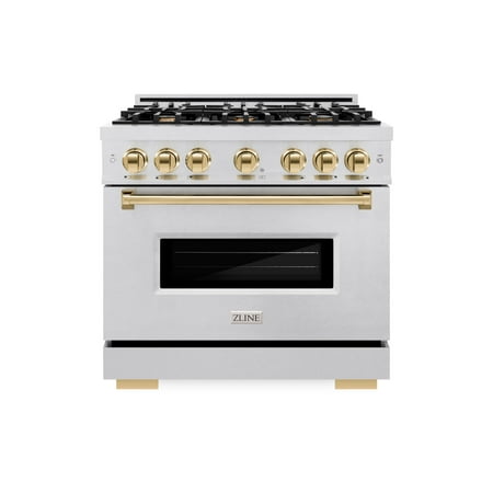 ZLINE Autograph Edition 36 in. 5.2 cu. ft. Classic Gas Range with 6 Burner Cooktop and Convection Gas Oven in DuraSnow Stainless Steel and Polished Gold Accents (CGRSZ-36-G)