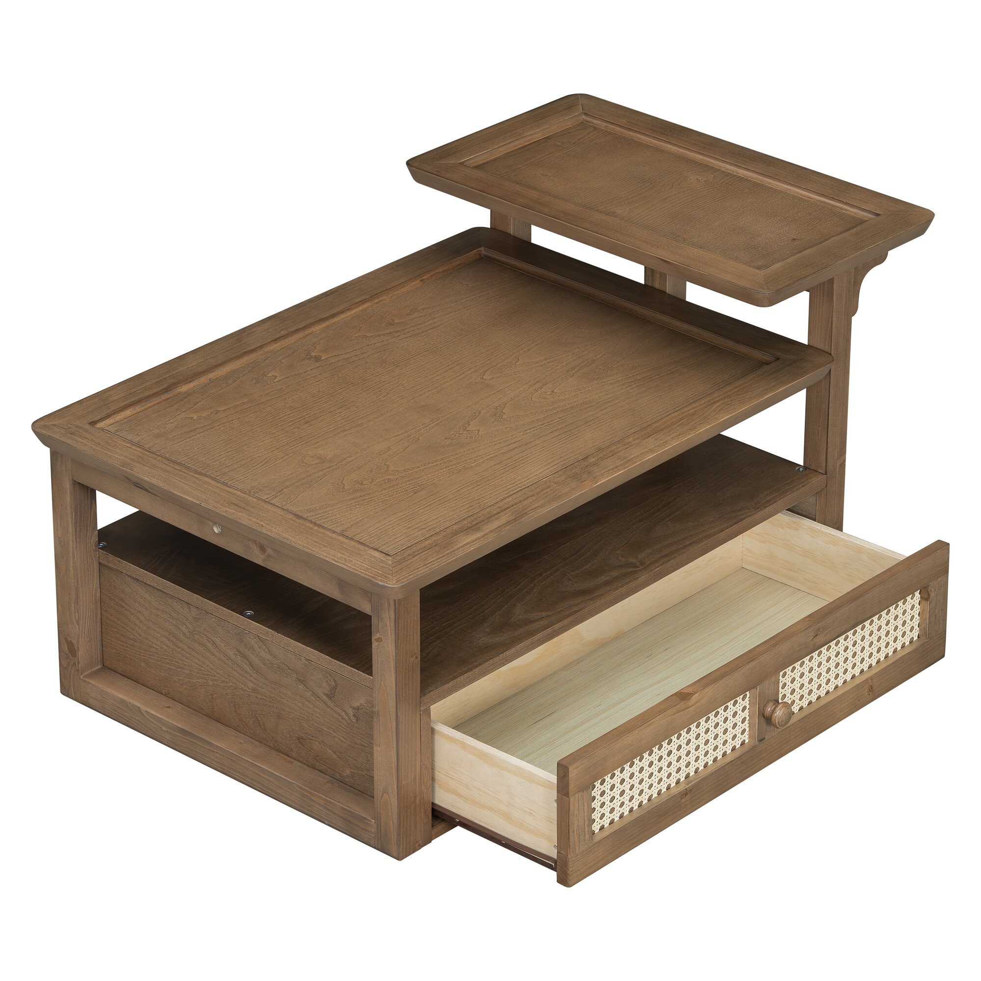 AENKYO Rustic Coffee Table with Rattan Drawer & Shelf - Modern Living Room End Table, Easy Assembly, Dark Brown