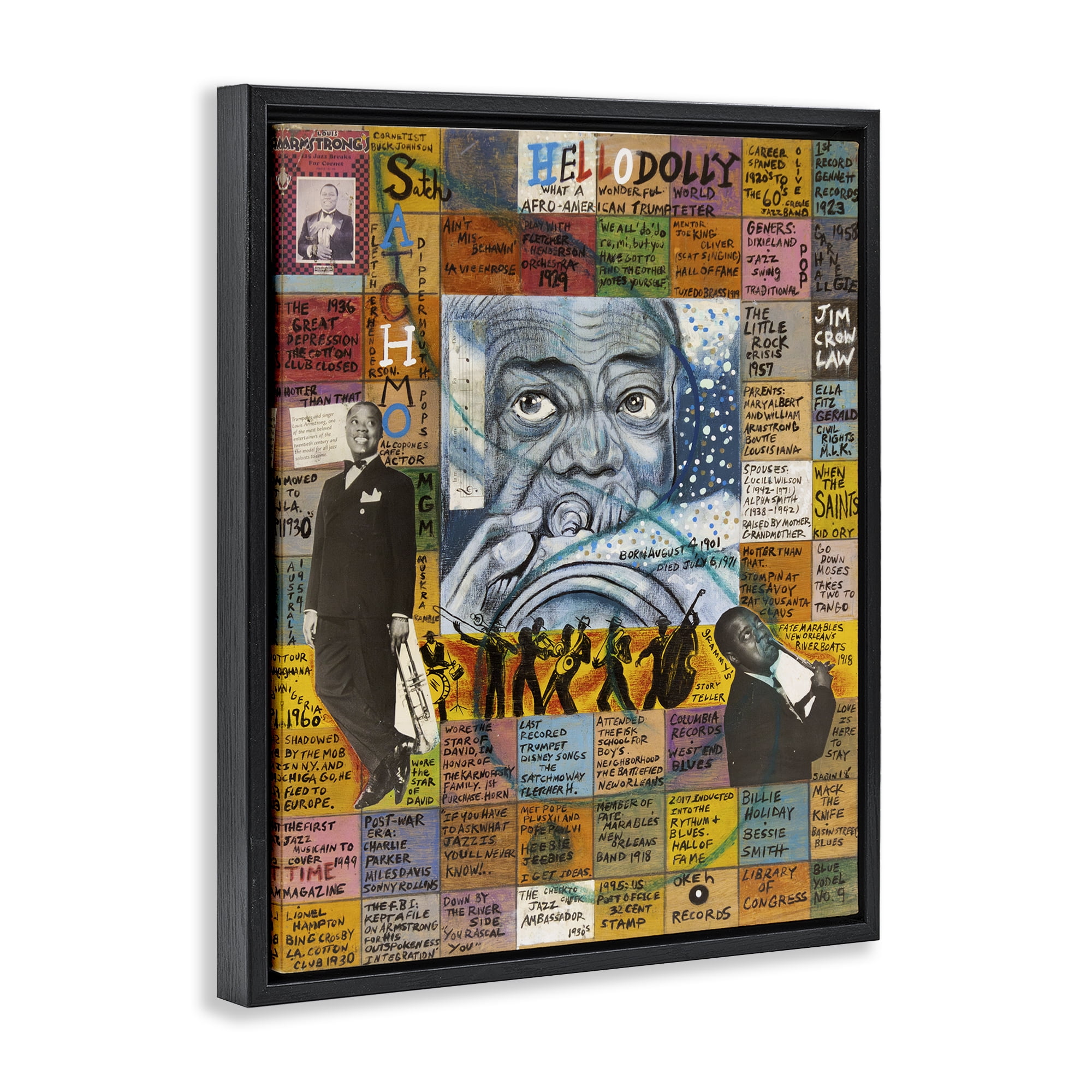 Stupell Industries Louis Armstrong Collage People Drawing Black Floater Framed Canvas Art Print Wall Art, 17 x 21