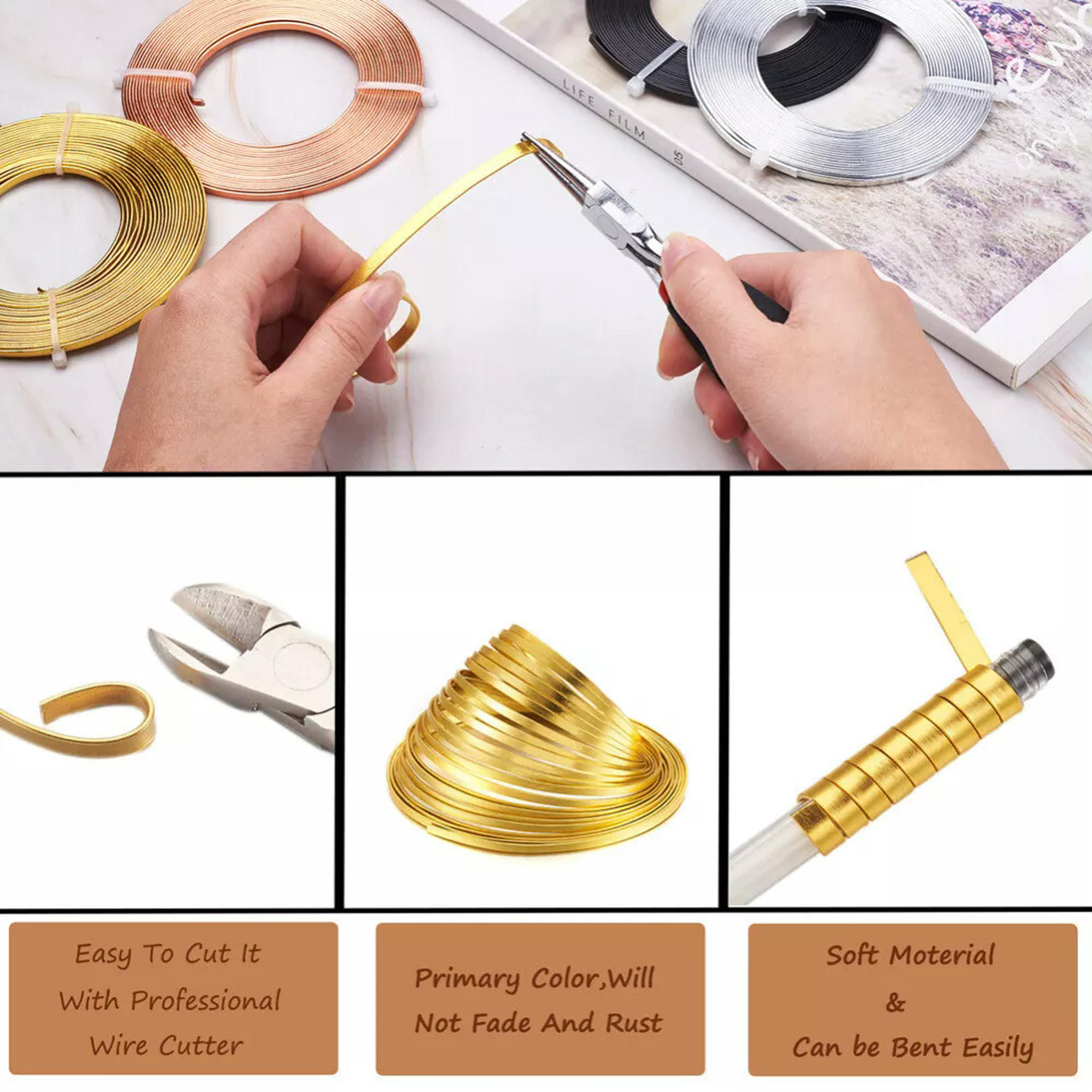 U8MO 4 Rolls 5m/roll 3mm Flat Aluminum Crafting Wire &1pc Carbon Steel Jewelry Pliers