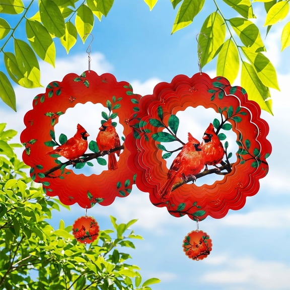 2PCS Stainless Steel Red Cardinal Wind Spinner 11.81" Hanging Outdoor Garden Decor Easy Hook Installation Spins in Breeze for Patio Balcony Yard