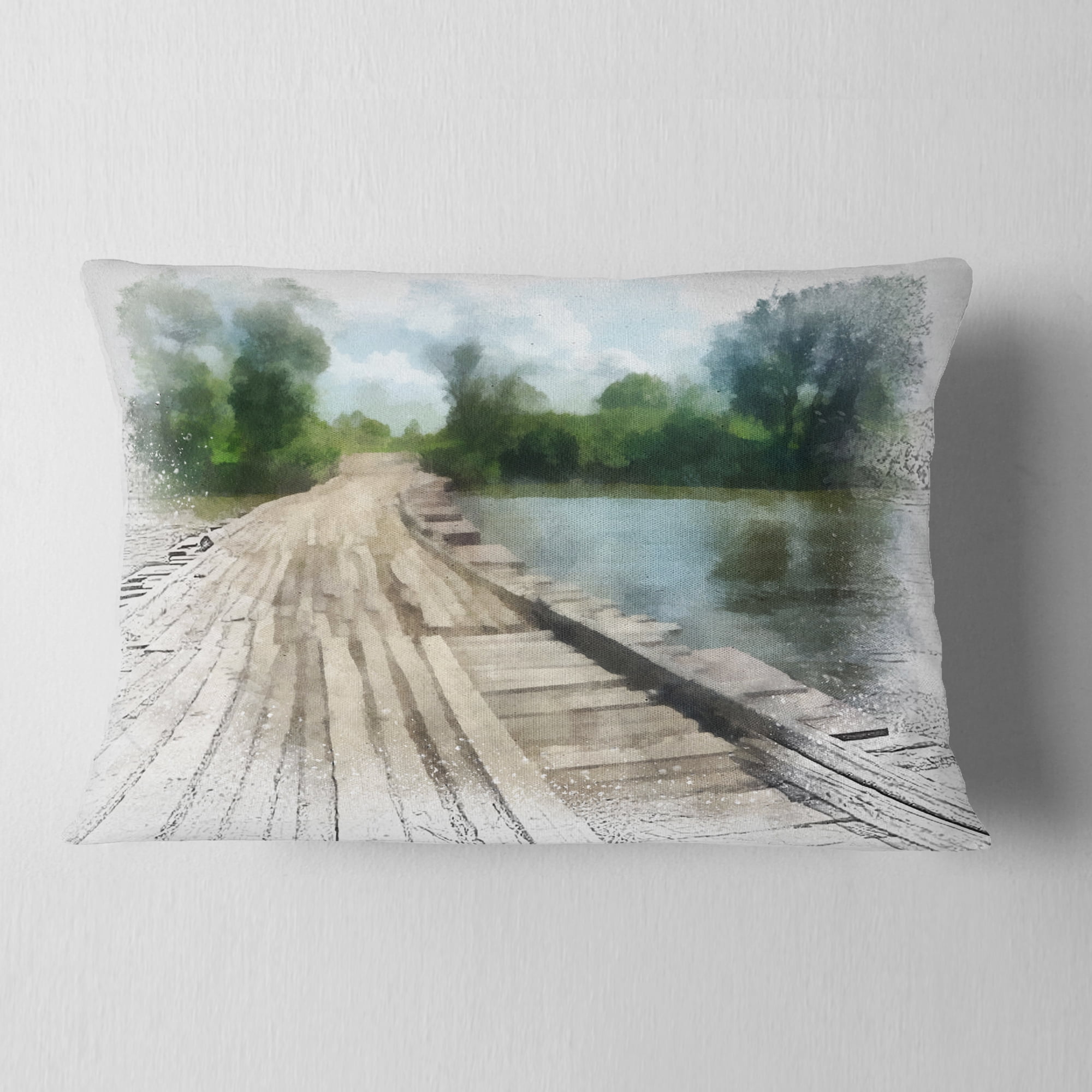 Designart Bridge over Waterfall in Forest - Landscape Printed Throw Pillow - 12x20
