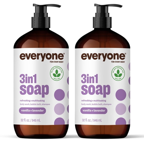 Everyone 3-in-1 Soap, Body Wash, Bubble Bath, Shampoo, 32 Ounce (Pack of 2), Vanilla and Lavender, Coconut Cleanser with Plant Extracts and Pure Essential Oils