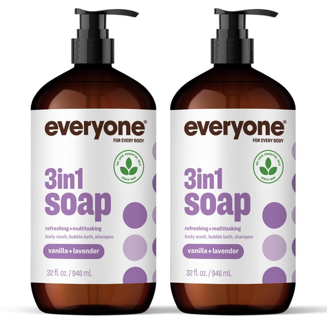 Everyone 3-in-1 Soap, Body Wash, Bubble Bath, Shampoo, 32 Ounce (Pack of 2), Vanilla and Lavender, Coconut Cleanser with Plant Extracts and Pure Essential Oils
