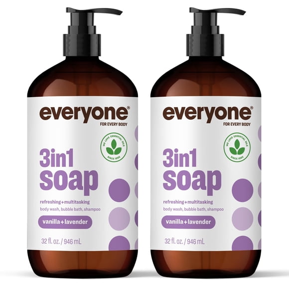 Everyone 3-in-1 Soap, Body Wash, Bubble Bath, Shampoo, 32 Ounce (Pack of 2), Vanilla and Lavender, Coconut Cleanser with Plant Extracts and Pure Essential Oils