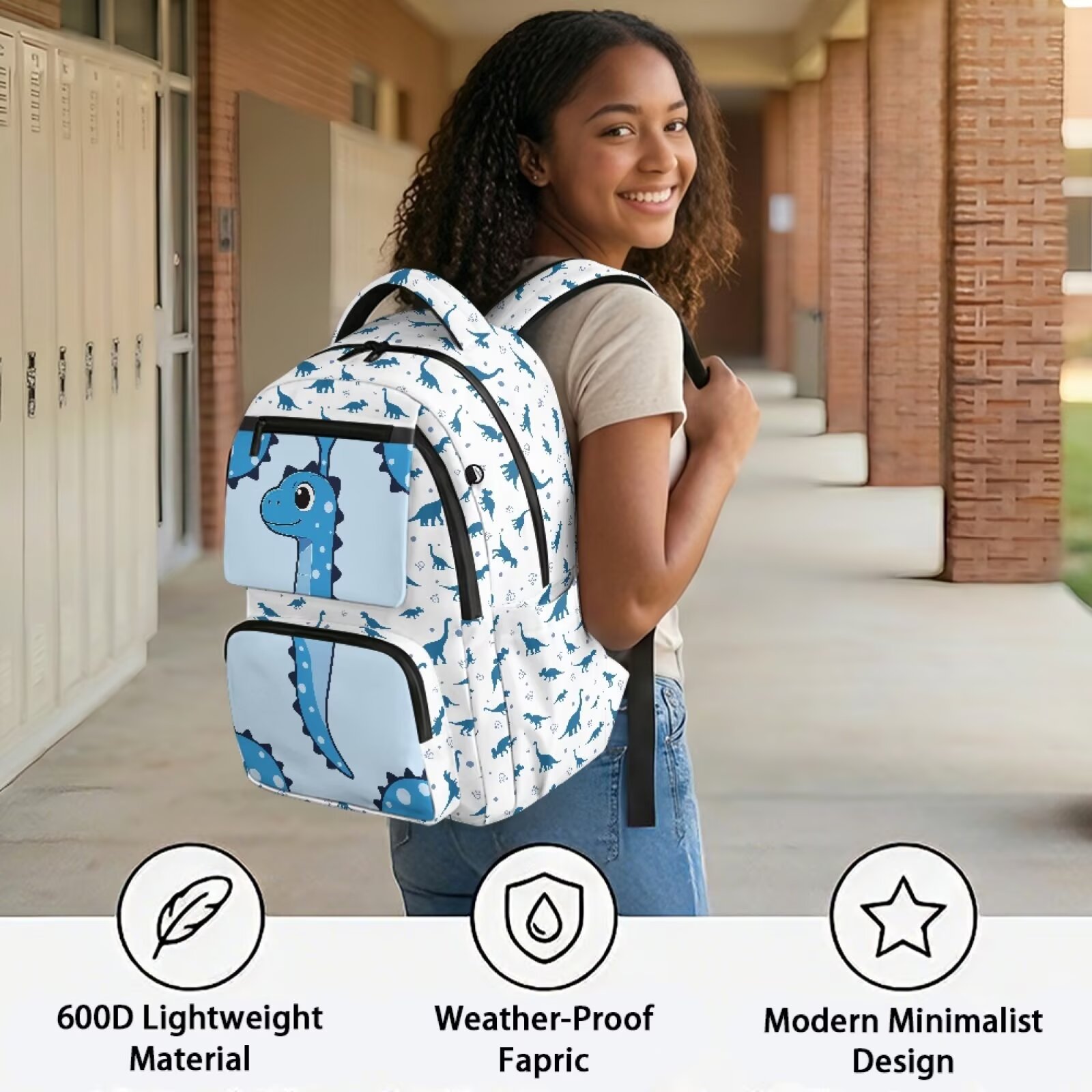 Mochila escolar de dinosaurio azul para niños, de 17 pulgadas, con cremallera frontal, para primaria 4