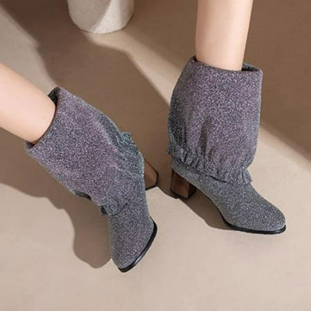

eczipvz Womens Shoes Boots for Women Thick Heel Women Boots Autumn And Winter New Women Shoes Round Head High Heel Boots with Heels for Women Wide Calf Silver-7.50