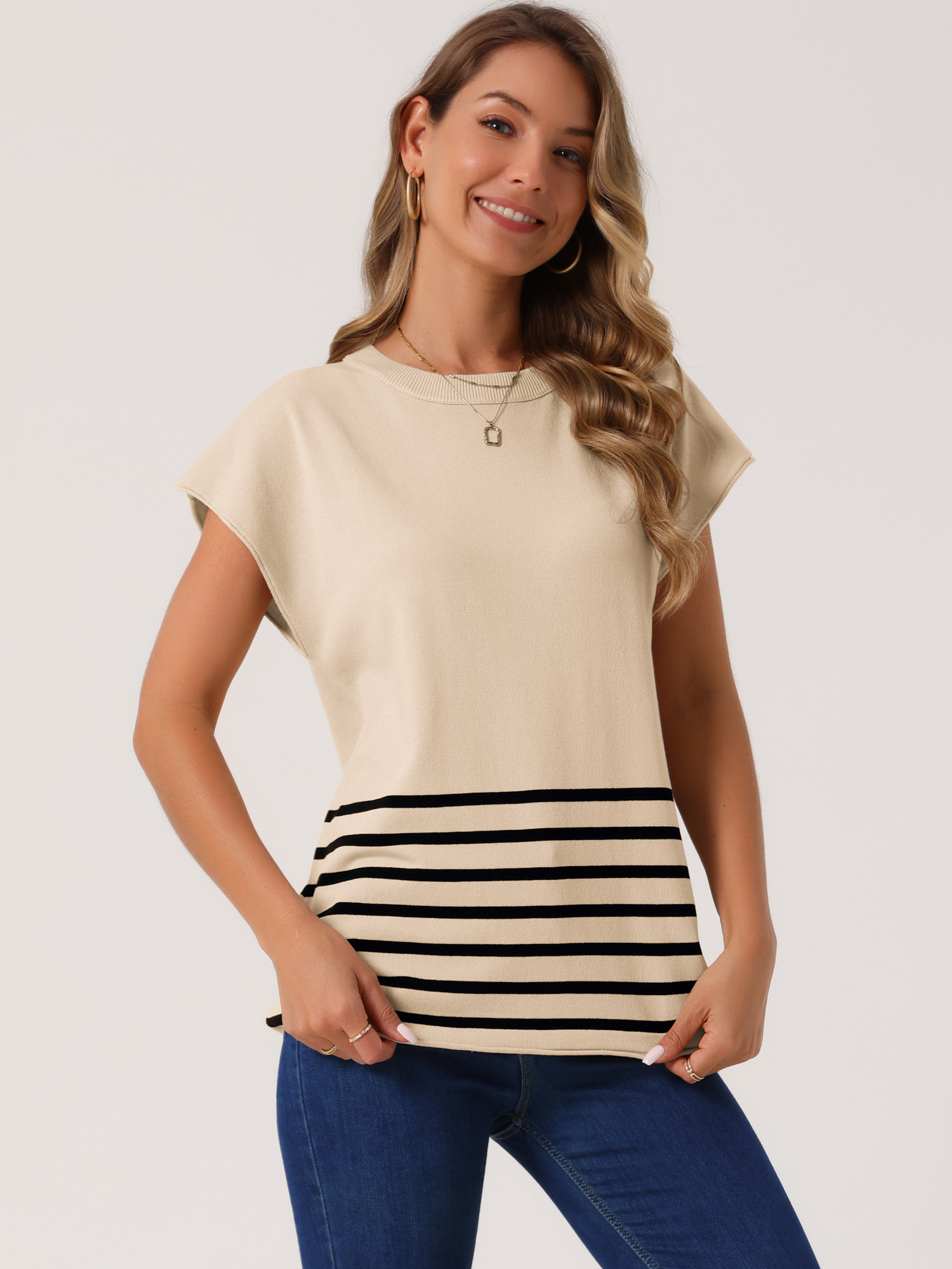 DARING DIVA Sleeveless Round Neck Striped Sweater Vest Cap Sleeve L Apricot
