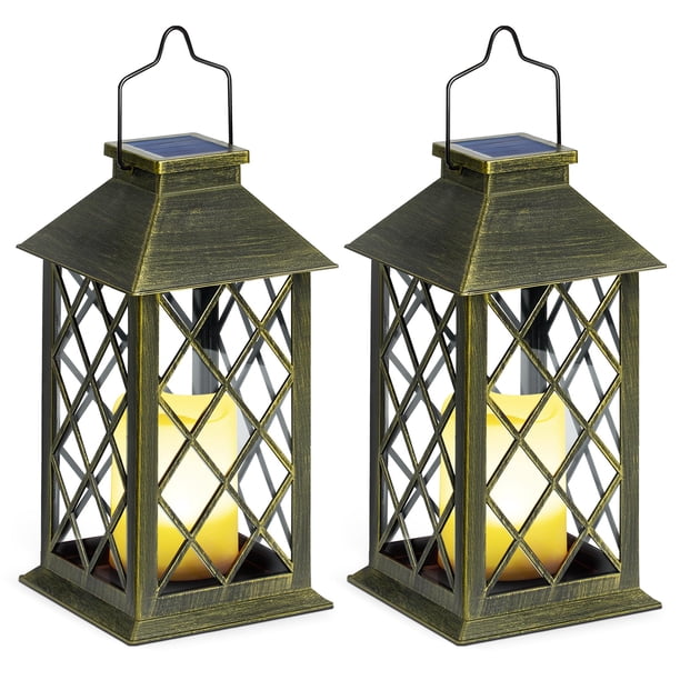 Paquete de 2 linternas solares, linternas colgantes para jardín al aire libre, luces de misión de vela sin llama parpadeantes LED impermeables 3 veces más largas