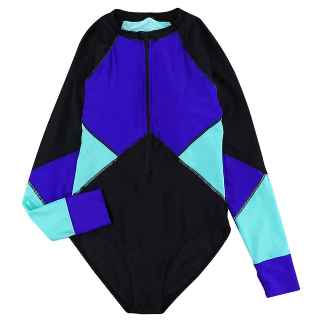 Gibobby Trajes de Baño Mujer Traje de baño de manga larga para mujer Traje de surf con cremallera de secado rápido con contraste de color de manga larga (Azul,G)
