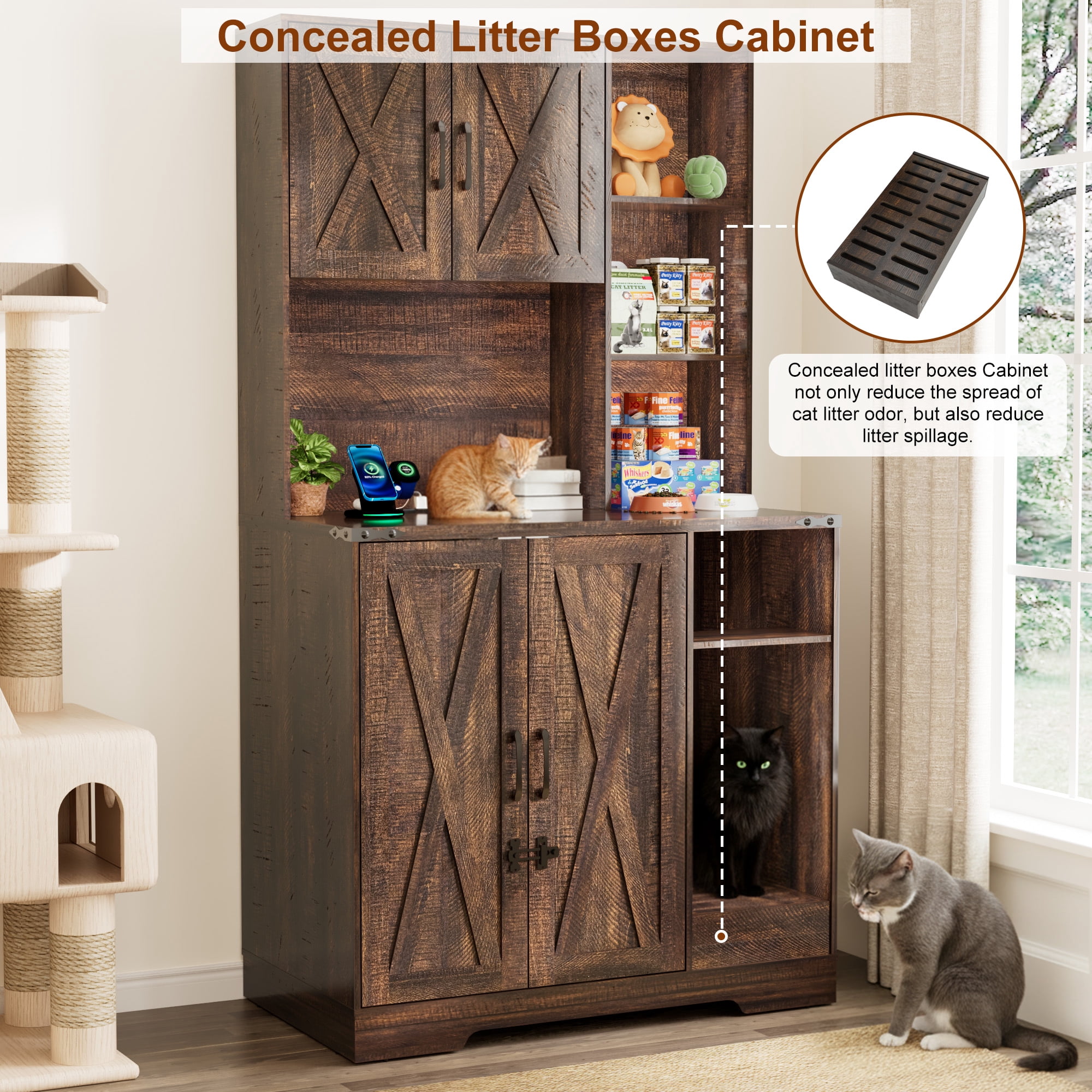 Blotout 71" Tall Farmhouse Cat Litter Box Enclosure W/Open Shelves & Doors, Wooden Cat Litter Box Furniture for Self-Cleaning Litter Boxes, Large Hidden Litter Box Furniture W/ Power Outlets, Locks