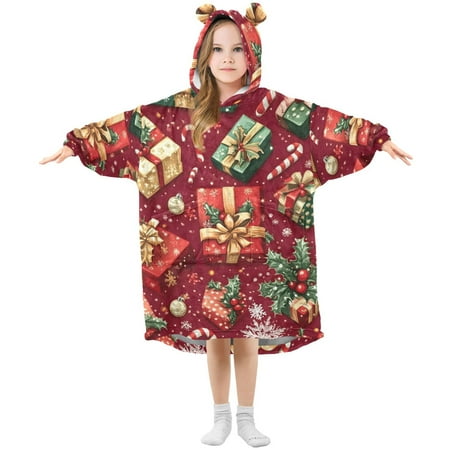 

joogoo Wearable Blanket Hoodie for Kids Christmas Candy Snowflake Flannel Oversized Sweatshirt 3-14 Years S