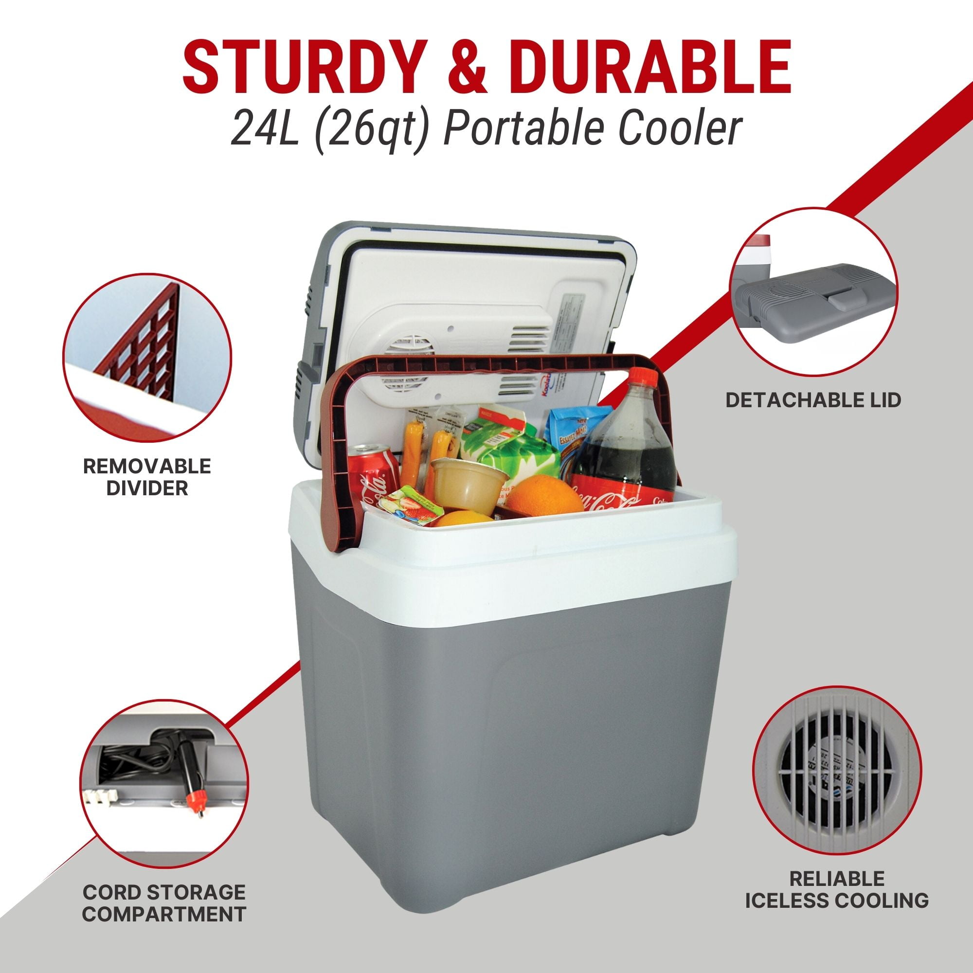 Koolatron 12V Electric Cooler 24L (26 qt), Self-Locking Handle, Gray/Red