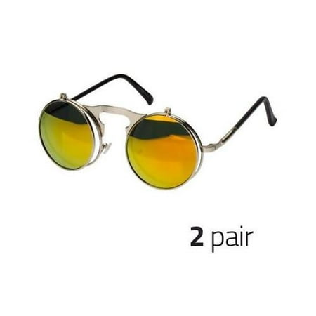 2 Pair Cool Flip Up Lens Steampunk Vintage Retro Style Round Sunglasses Revo