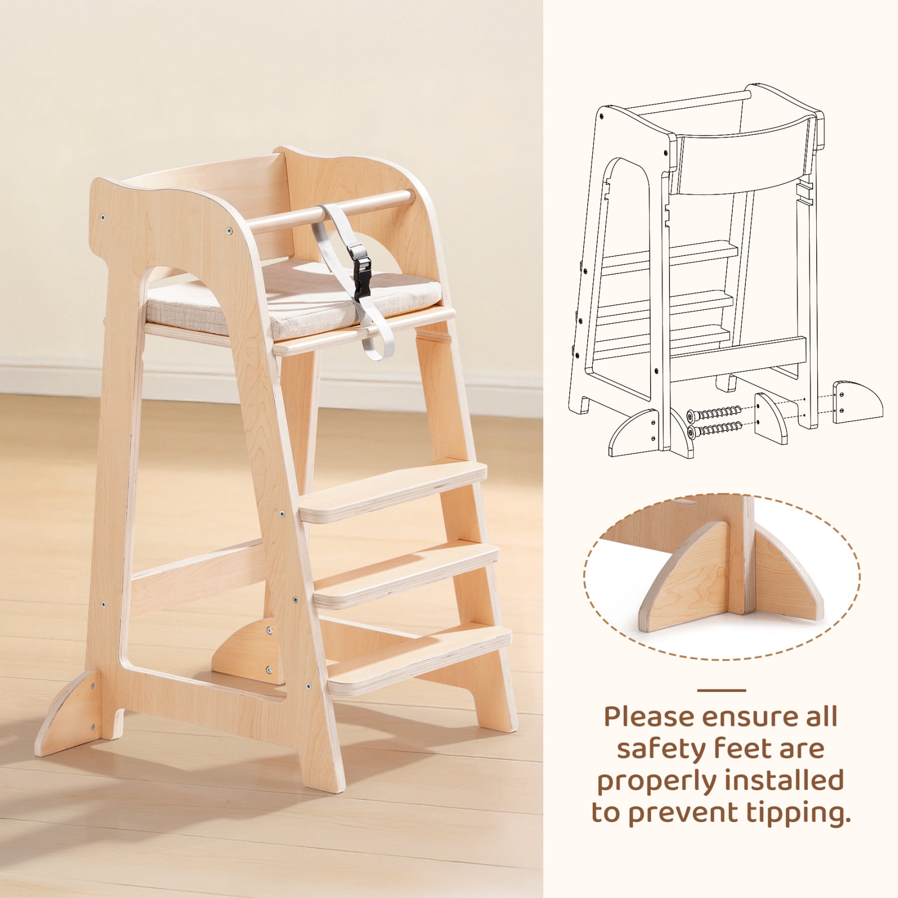 Robud Wooden Adjustable High Chair for Baby & Kids, Multifunctional Toddler Chair with Safety Belt, Convertible to Study Desk Chair, 6 Months to Teen Years, 40kg Capacity