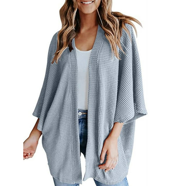 Maoww Cardigan Ouvert devant en Polyester pour Femmes, Manches 3/4, Décontracté, Printemps Automne, Bleu, TTG