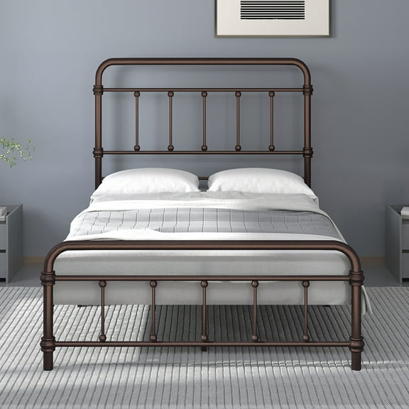 Metal Queen Size Bed Frame with High Headboard,Durable and Stable,14 Inches High,Noise-Free,Reinforced for Underbed Storage Space,Easy Assembly-Brown