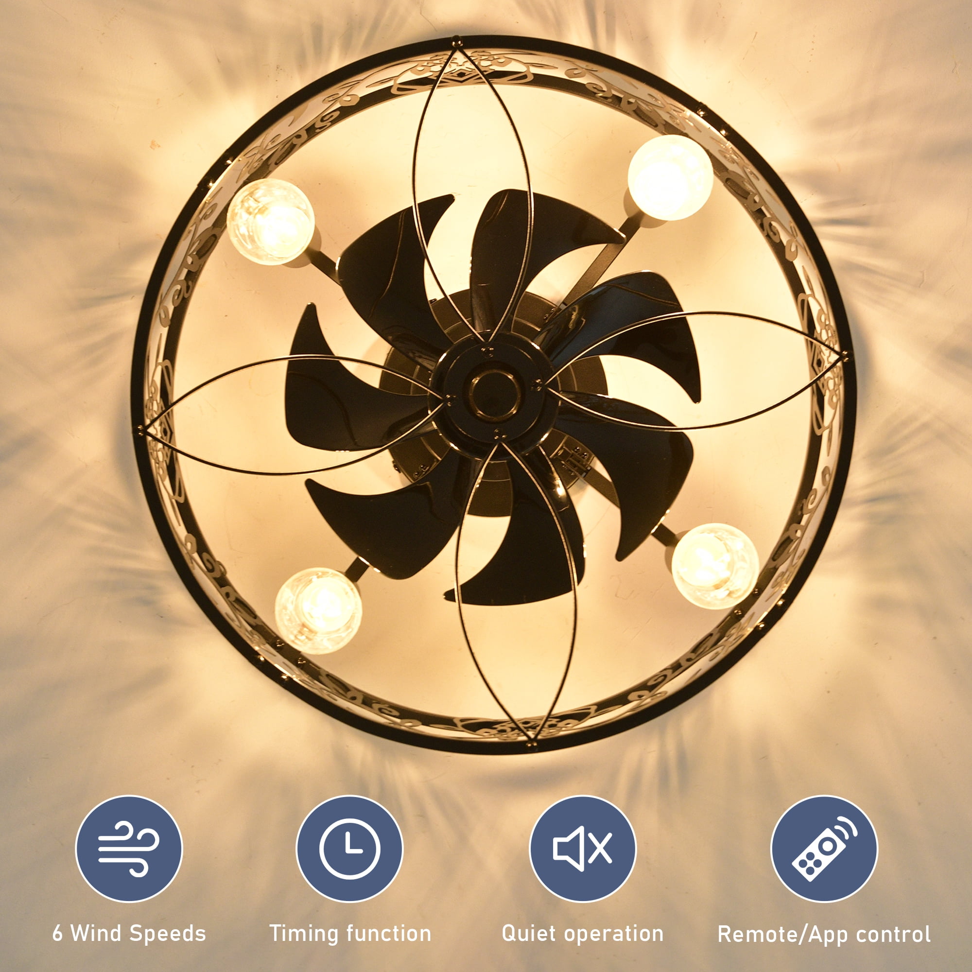 Garwarm 20in. Black Caged Farmhouse Ceiling Fan with Lights and Remote, 6-Speed Reversible Low Profile Flush Mount Ceiling Fan, Industrial Enclosed Fandelier for Bedroom, Kitchen