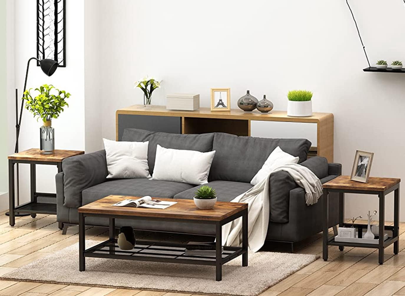 MOOSENG Coffee Table Set of 3, Industrial Vintage Wood Coffee Table with 2 Square End Side Tables, Easy Assembly Living Room Table Set for Offices, Living Rooms and Apartments, Brown