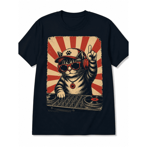 Men's Retro DJ Cat Graphic T-Shirt Cool Music Lover Casual Short Sleeve Crew Neck Tee