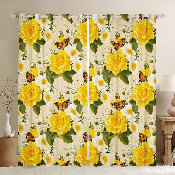 Feelyou Yellow Rose Flower Curtains Pack of 2 (42x84 Each), Cartoon Butterfly Animal Curtains Blackout, Romantic Valentines Day Bedroom Curtains, Black Out Curtains Decor