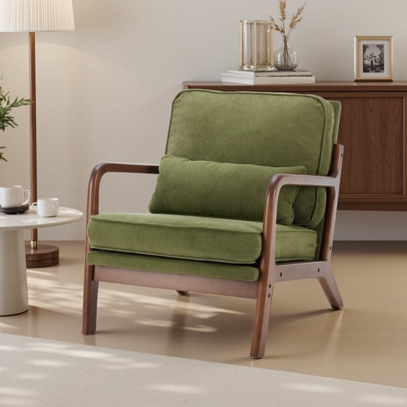 Mid-Century Modern Accent Chair, Beautiful Aesthetic Armchair with Chic Wooden Frame & Premium Lumbar Pillow, Exceptionally Comfy Textured Linen Reading Lounger for Living Room, Bedroom, Green