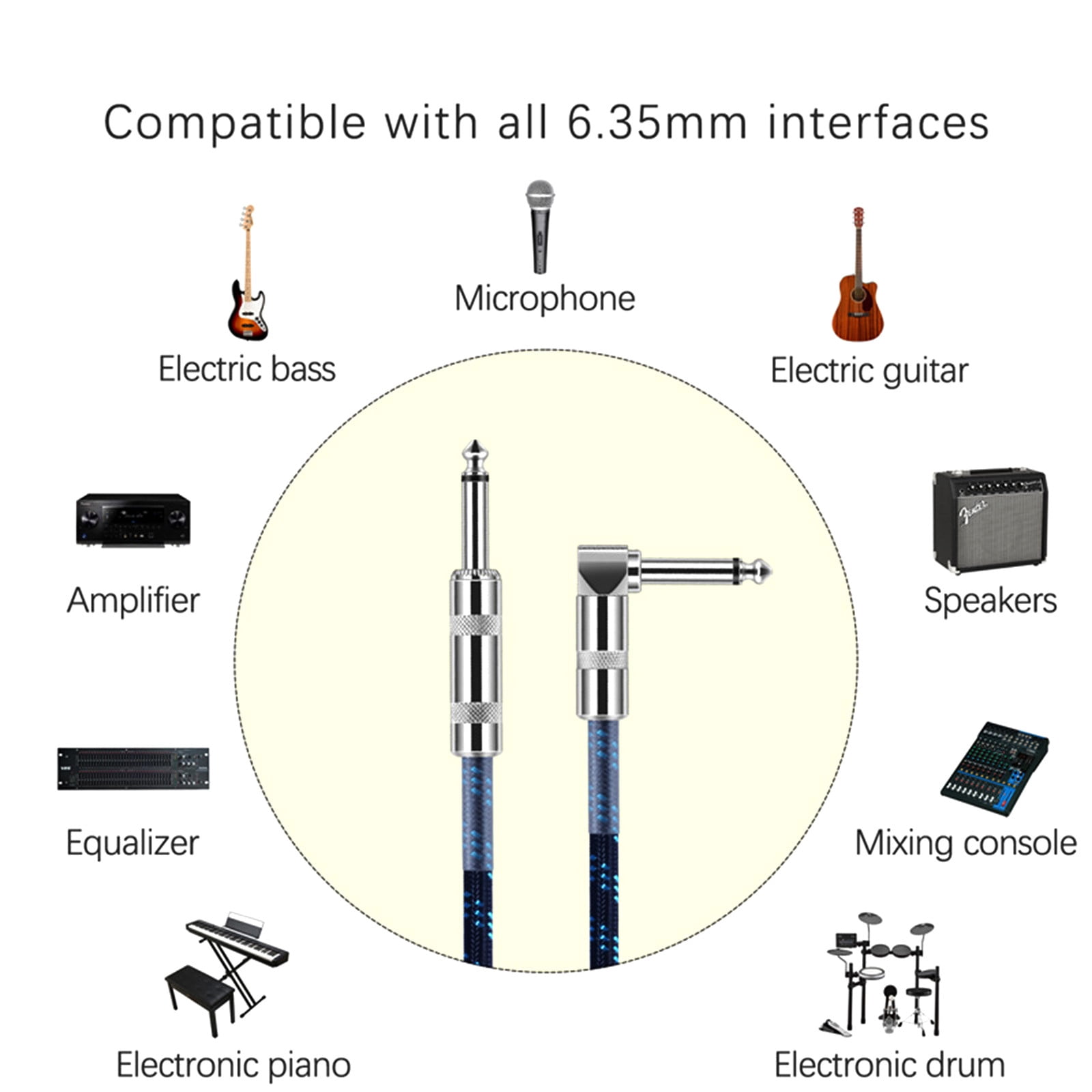 Weloille 6.35mm Electric Guitar Cable Guitar Amp Cable For Electric Guitar Bass Electric Mandolin Keyboard Pro Audio 1/4 Inch Right Angle To Straight Cable