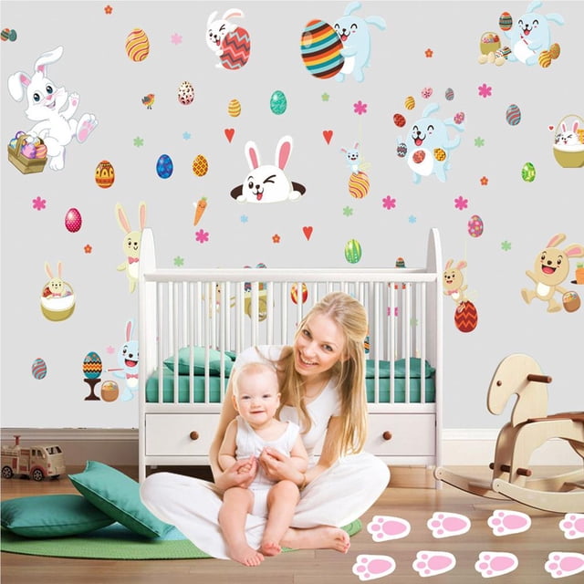 Pegatina De Pared De Huevo Con Huella De Conejito De Pascua, Decoración De Vacaciones De Feliz Pascua, Pegatina De Cristal, Pegatina De Suelo Reutilizable, 8 Uds. Yuarrent HA022904-00