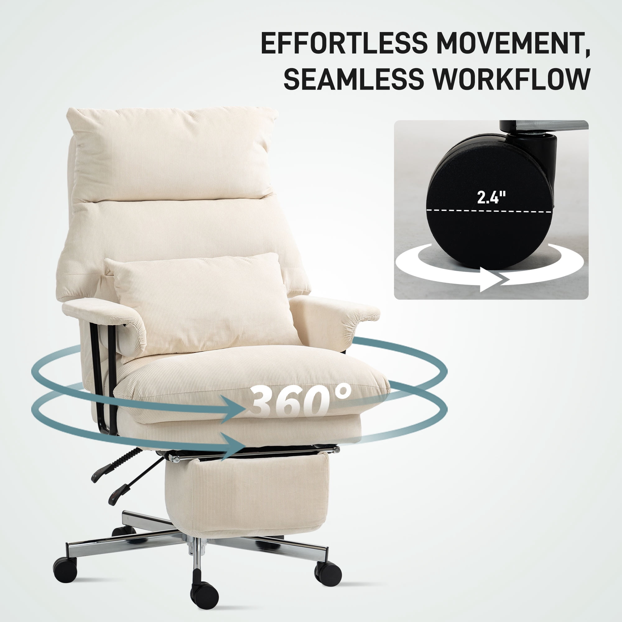 HOMCOM Large Overstuffed Office Chair, High Back Desk Chair with Lumbar Support, Footrest, Swivel Wheels, Reclining Computer Chair, Cream White
