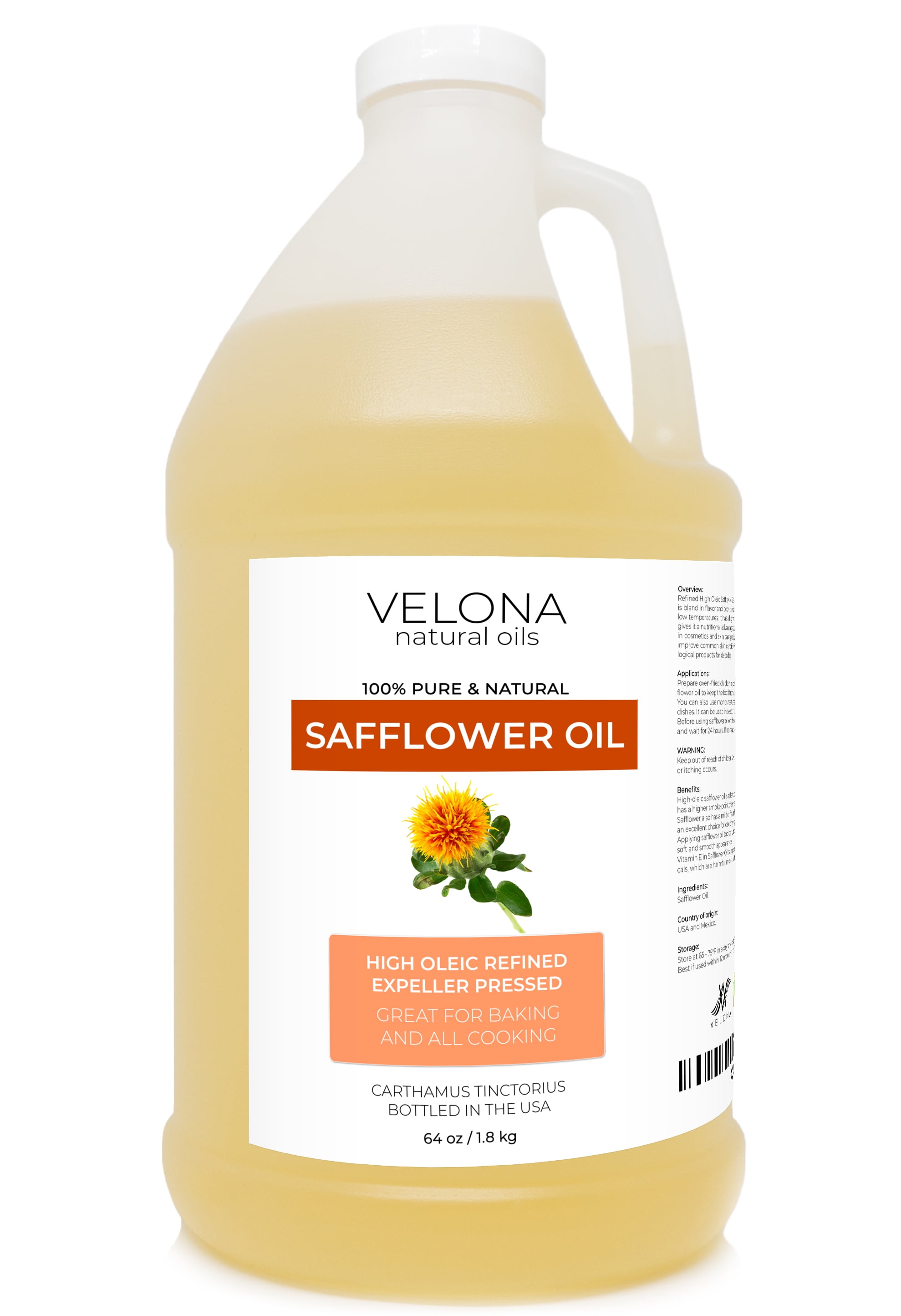 Safflower Oil by Velona 64 oz 100 Pure and Natural Carrier Oil Refined, Cold Pressed