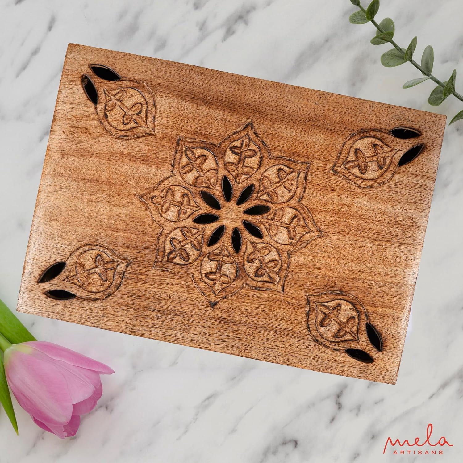 Mela Artisans Decorative Medium Burnt Mango Wood Box with Lid, Extra Large Wooden Box, XL, 10.5" x 7.5" x 4"
