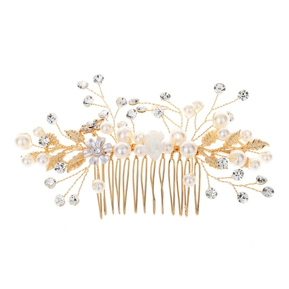 Nvzi-a Bridal Flower Wedding Hair Pins Crystal Pearl Hair Combs Clips Headpiece Gold Wedding Hair Accessories Jewelry with Rhinestone for Brides Bridesmaids Women (Gold)