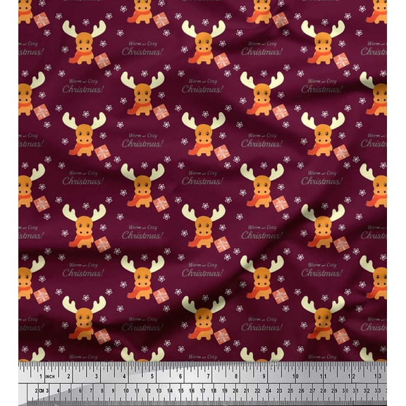 Soimoi Purple polyester Crepe Fabric Animal,Gift Box & Warm And Cozy Christmas Text Printed Craft Fabric by the Yard 42 Inch Wide