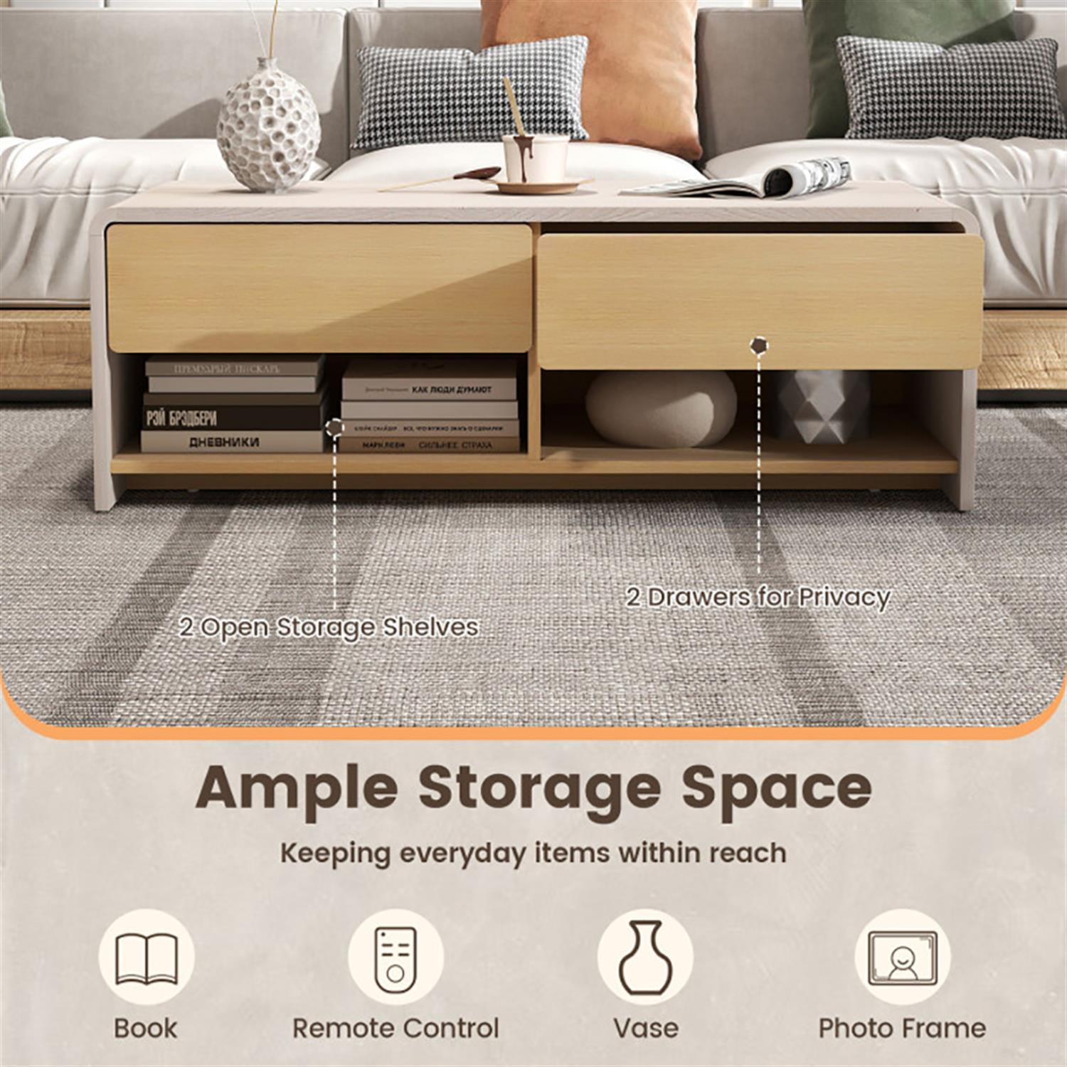 Demi Bonn Modern Coffee Table, Dining Center Tables with 2 Drawers and 2 Storage Shelf for Living Room, Bedroom, Office and Balcony, Beige