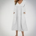 thumbnail image 6 of Kaemgyyd Dresses for Women Fall Cotton Linen Solid V Neck Dress Loose Casual Long Sleeve Flowy Midi Dress with Pockets, 6 of 7