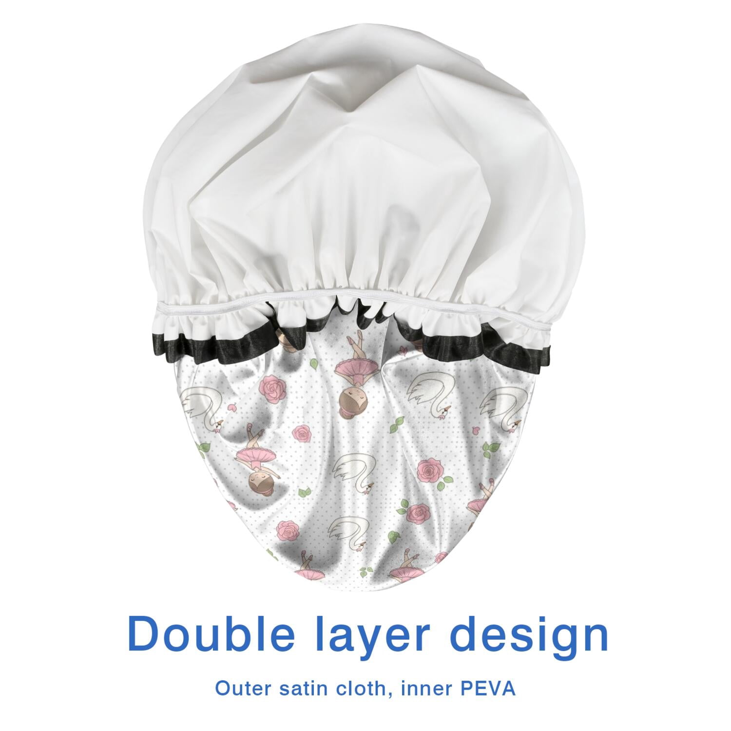 Shower Caps,White Ballerina Swan Pattern Waterproof Shower Cap for Women 4 Pieces,Double Reusable Hair Cover for Shower PEVA Elastic Stretch Hem