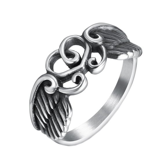 HIJONES Men's Women's Stainless Steel Heart Winged Thread Ring Punk Antique Silver Band Silver Size 15
