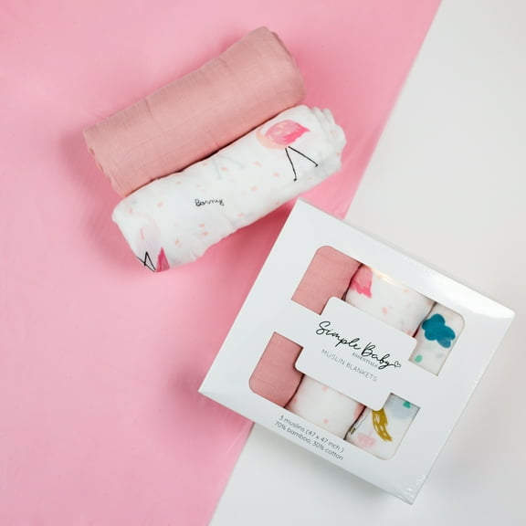 Simple Baby Essentials | Soft Bamboo Muslin Cotton Swaddles - Receiving Blankets | Baby Shower Gift | 3 Pack - Large 47”x47” | Soft Absorbent Breathable | Girl | Light Pink | Unicorn | Flamingo