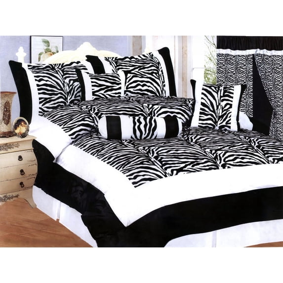7 Pieces Satin White/Black Flocking Zebra Pattern Comforter Set
