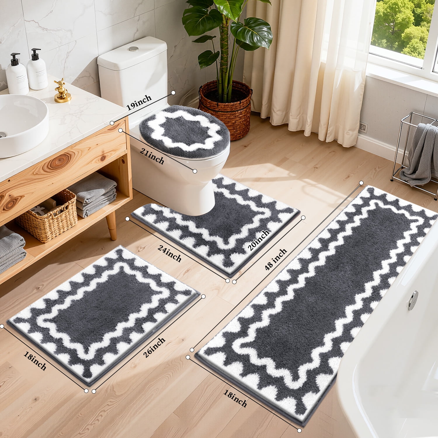 Findosom 4-Piece Bathroom Rugs Set,Non Slip Absorbent Bath Mat,Machine Washable Microfiber Quick Dry Bath Rug for Bathroom Bedroom Kitchen Shower Tub,Gray