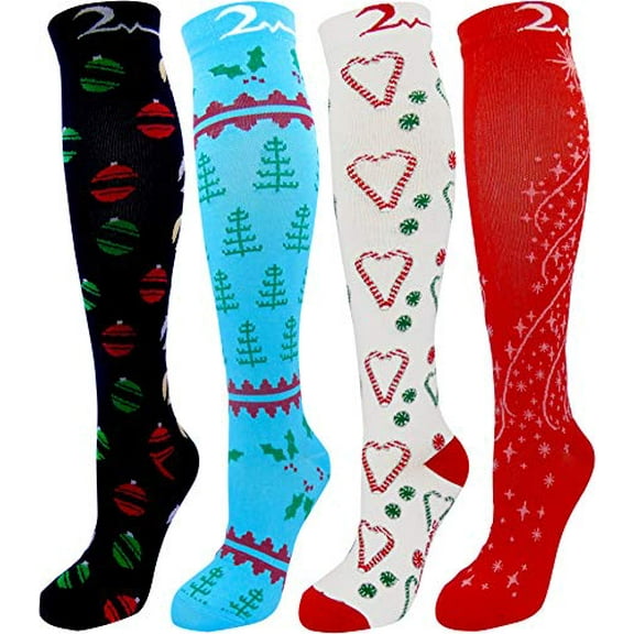 4 Pair Large/X-Large Premium Colorful Moderate Graduated Compression Socks 15-20 mmHg. Mens & Womens Comfort Blend. Holiday Cheer Collection