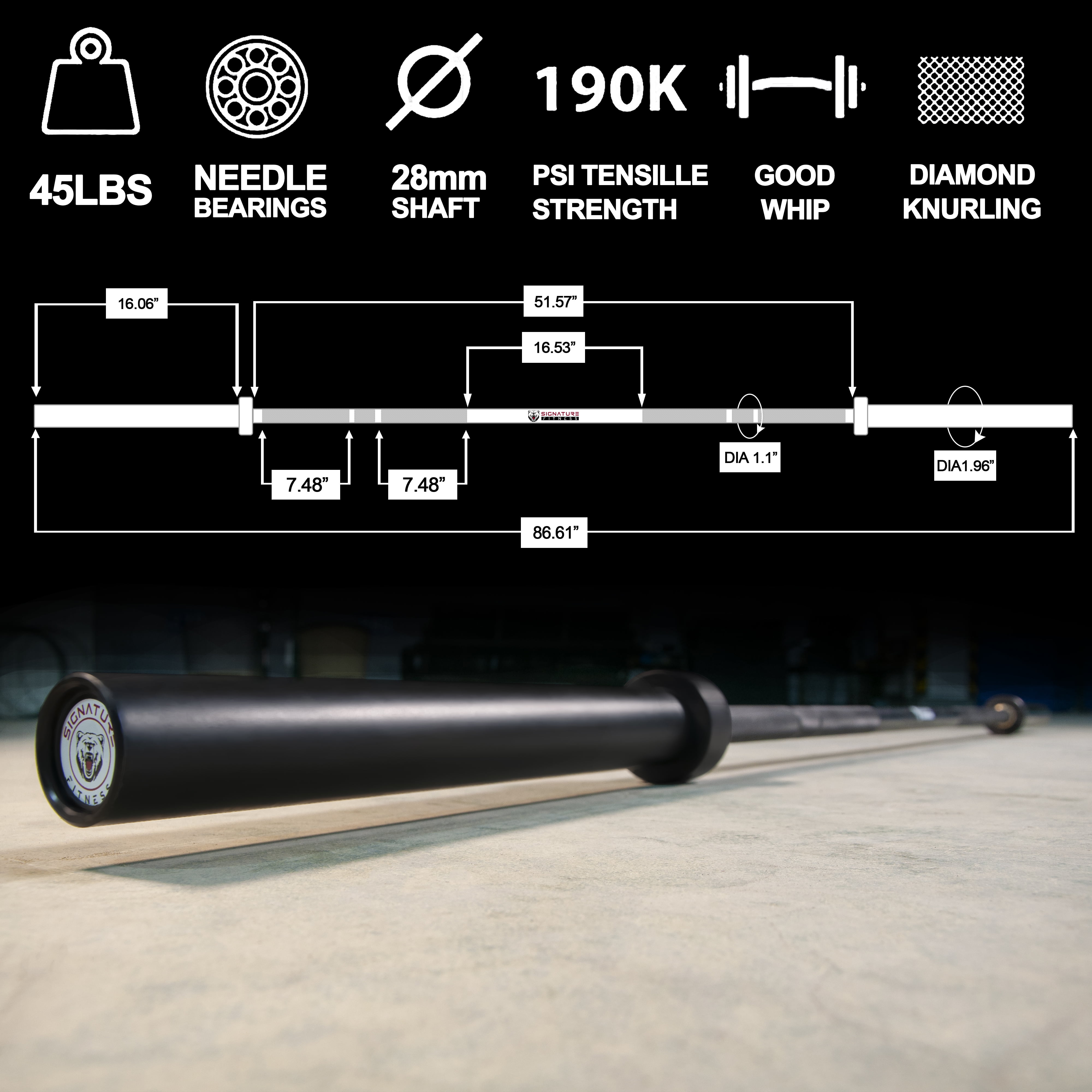 FlexWave 7FT Olympic Barbell，with Ceramic Coating，Rust-Resistant,190,000 PSI Strength, 1500LB Capacity，for Strength Training & Weightlifting