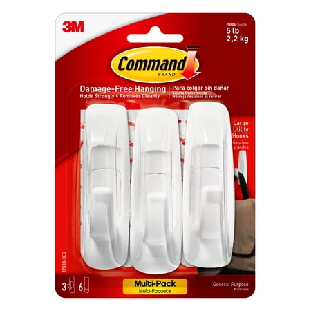 Command Damage-Free Large Utility Hooks, Organize without Tools, 3 Hooks, 6 Strips
