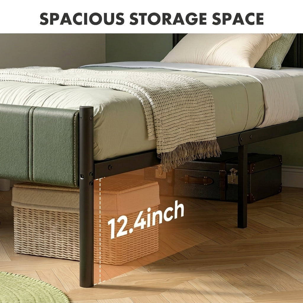 LEDREM Twin Size Metal Bed Frame with Upholstered Headboard and Footboard, 12.4-Inch Underbed Clearance, 550 lb Capacity, Easy Assembly, Forest Green