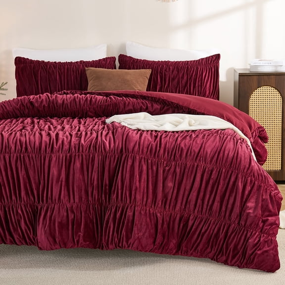 Luxury Velvet Comforter Set Queen Size,Boho Shabby Chic Ruched Bedding Comforter,Aesthetic Vintage Bedding Fluffy Ruffle Comforter Set,Ultra Soft Velvet Chenille Quilt Set,Vintage Ruffled Velvet Plus