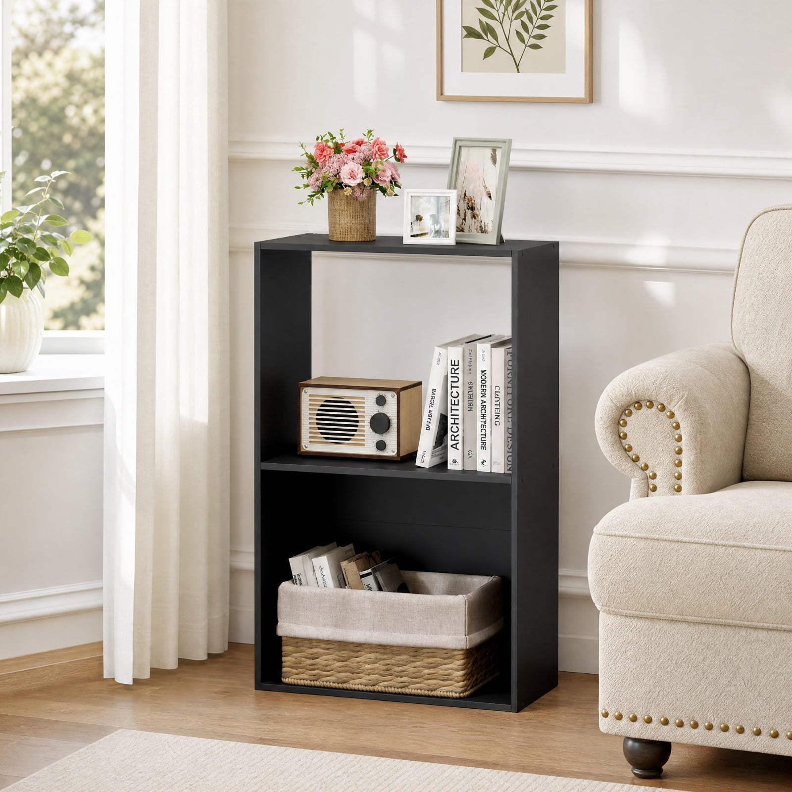Furnibear 3-Tier Freestanding Bookshelf with Open Storage Compartment Countertop and Anti-Toppling Device for Study and Home Office, Black