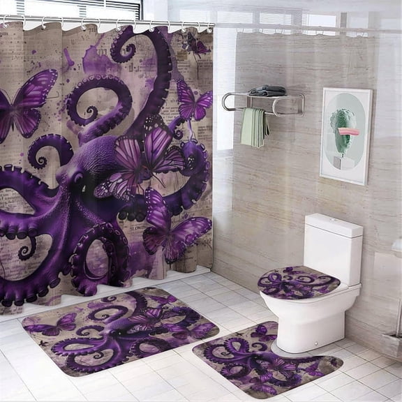 Vintage Wildlife Octopus Butterfly 4 Pcs Shower Curtain Sets for Bathroom,Rustic 70s Nautical Old Paper Octopus Bathroom Sets Non-Slip Rugs Toilet Lid Cover Bath Mat 12 Hooks