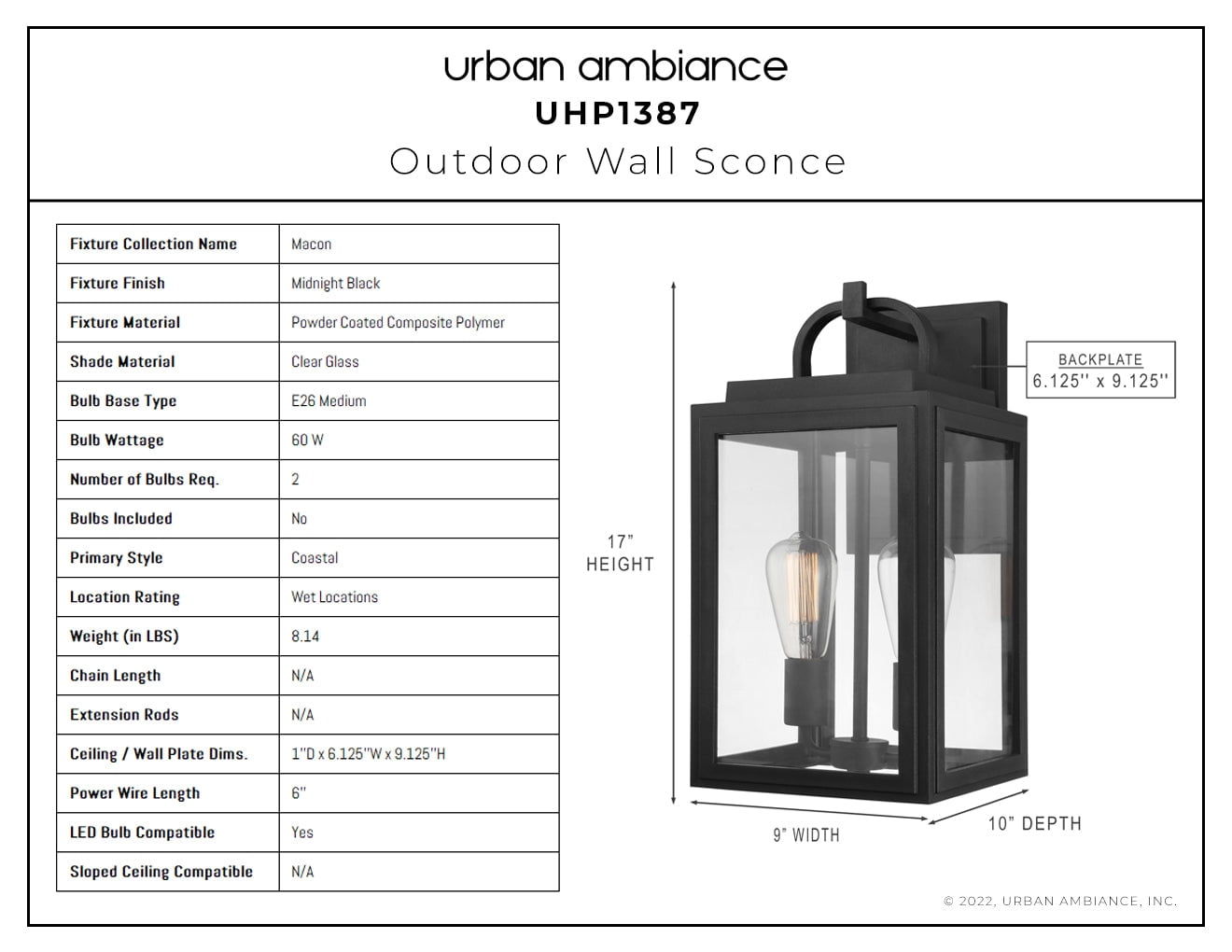 Luxury Farmhouse Wall Sconce, 17H x 9W, with Modern Farmhouse Style, Midnight Black, UHP1387 by Urban Ambiance