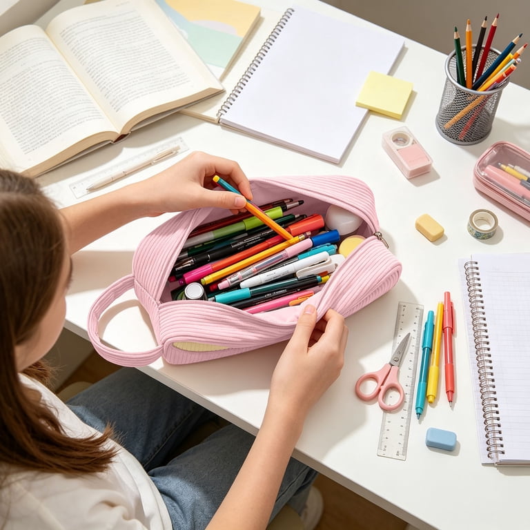 Leeye Large Pink Art Pencil Case Portable Versatile Capacity Stationery ...