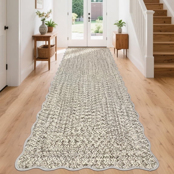 Imitation Braided Collection-Print Washable Runner Rug Scalloped Non Slip Kitchen Rugs Indoor Entryway Rug Soft Bath Mat Stain Resistant Carpet for Bedroom Hallway Laundry Nursery 2'x10',Beige